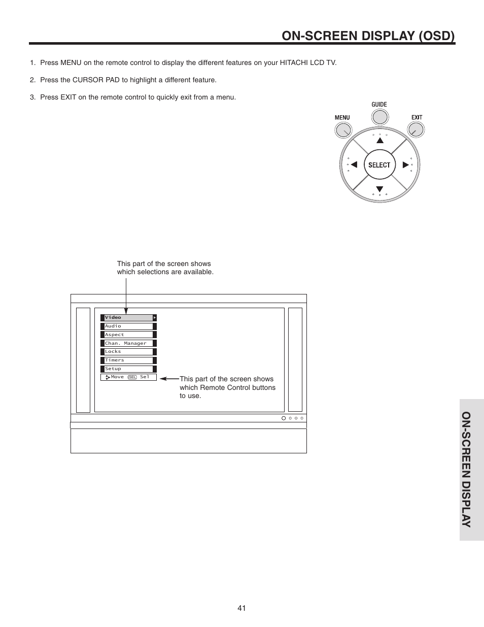 On-screen display (osd), On-screen displa y | Hitachi 42V710 User Manual | Page 41 / 84