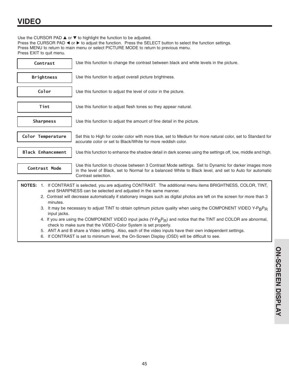 Video, On-screen displa y | Hitachi 42V710 User Manual | Page 45 / 84