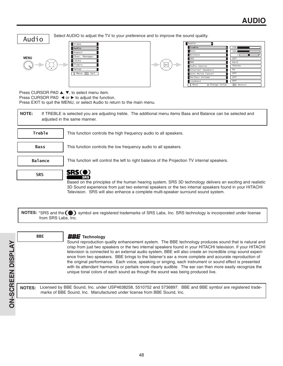 Audio, On-screen displa y | Hitachi 42V710 User Manual | Page 48 / 84