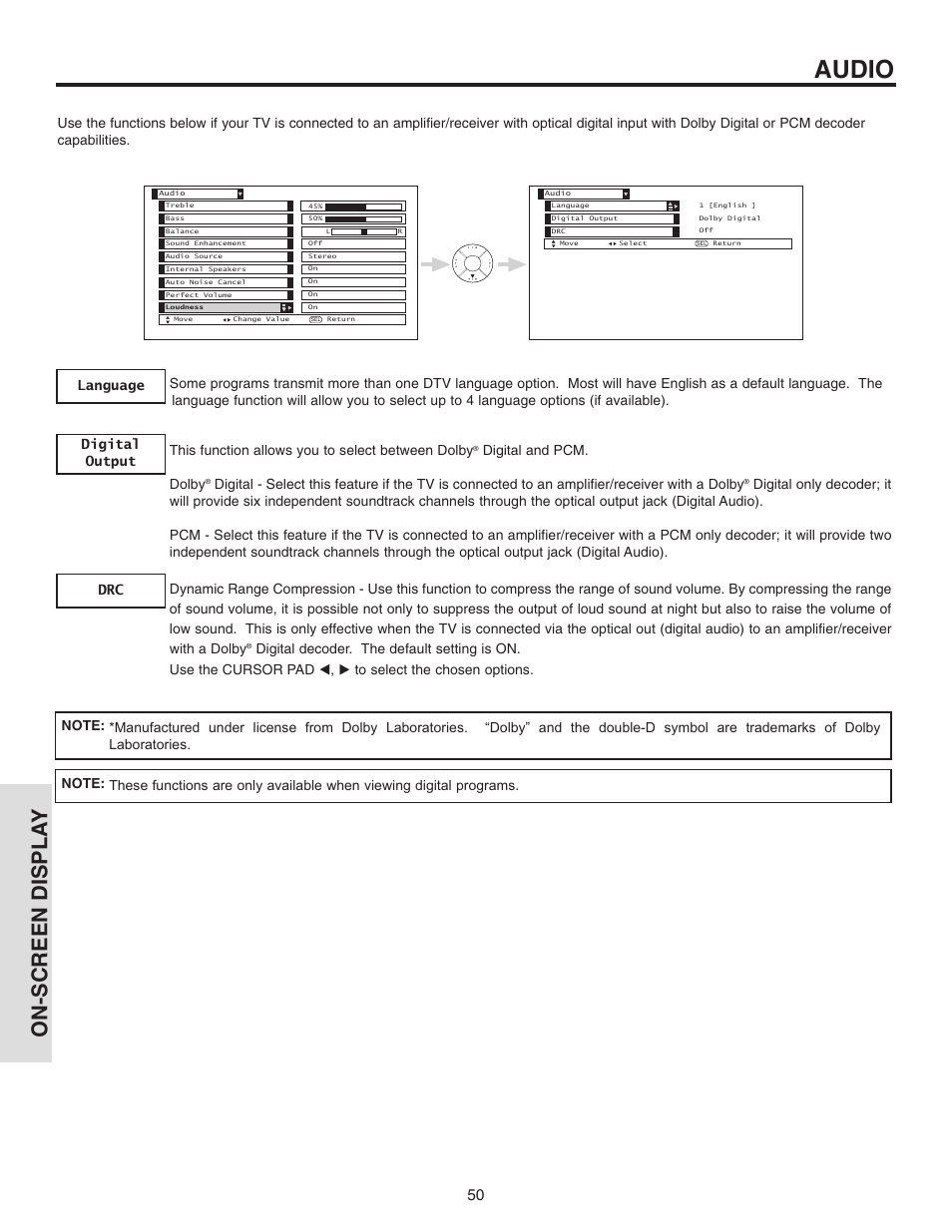 Audio, On-screen displa y, Digital and pcm. dolby | Hitachi 42V710 User Manual | Page 50 / 84