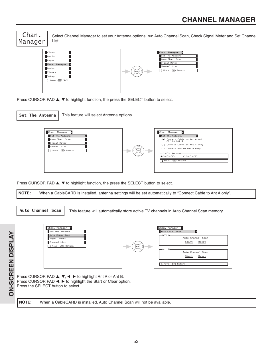Channel manager, Chan. manager, On-screen displa y | This feature will select antenna options | Hitachi 42V710 User Manual | Page 52 / 84