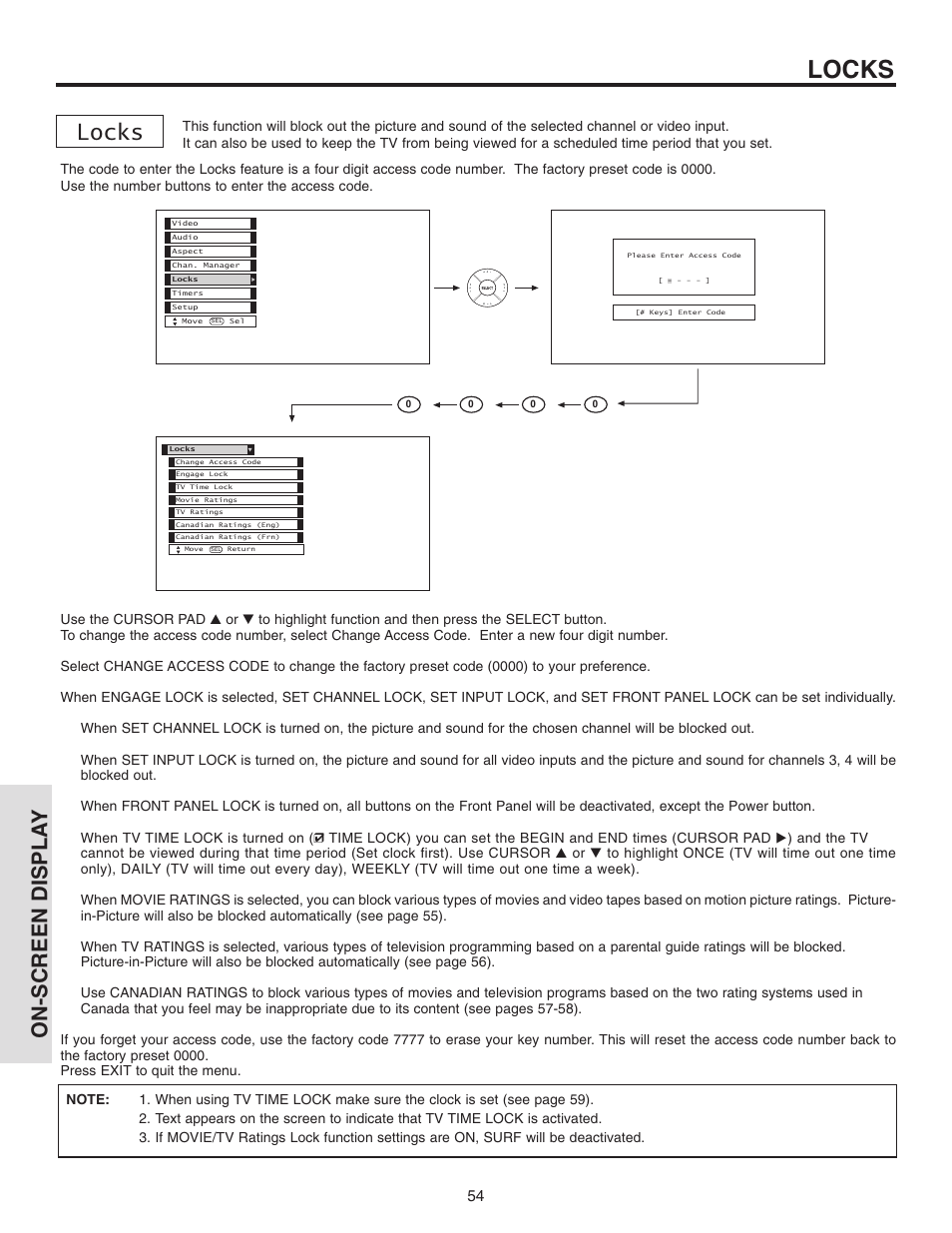 Locks, On-screen displa y | Hitachi 42V710 User Manual | Page 54 / 84
