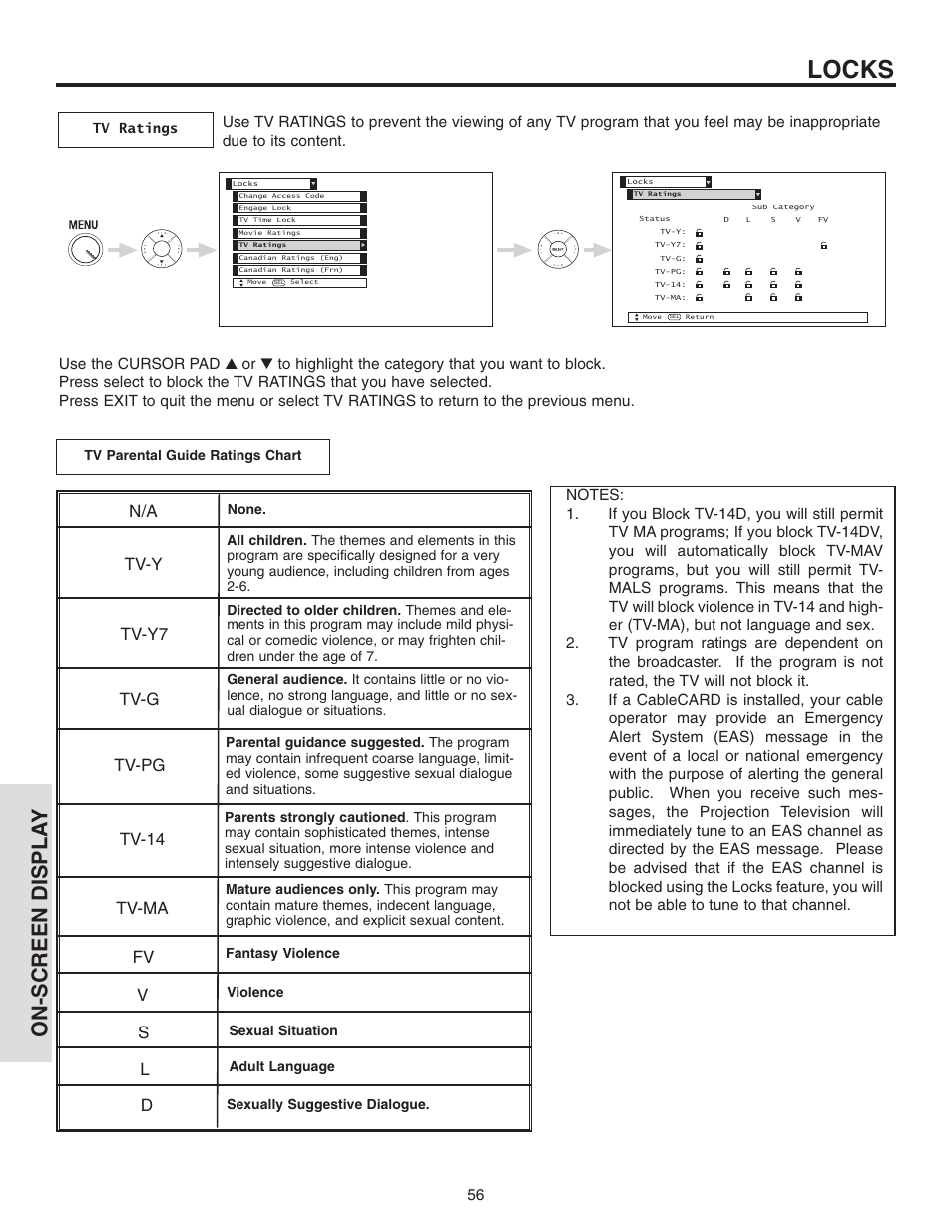 Locks, On-screen displa y, Tv-y tv-y7 tv-g tv-pg tv-14 tv-ma | Hitachi 42V710 User Manual | Page 56 / 84