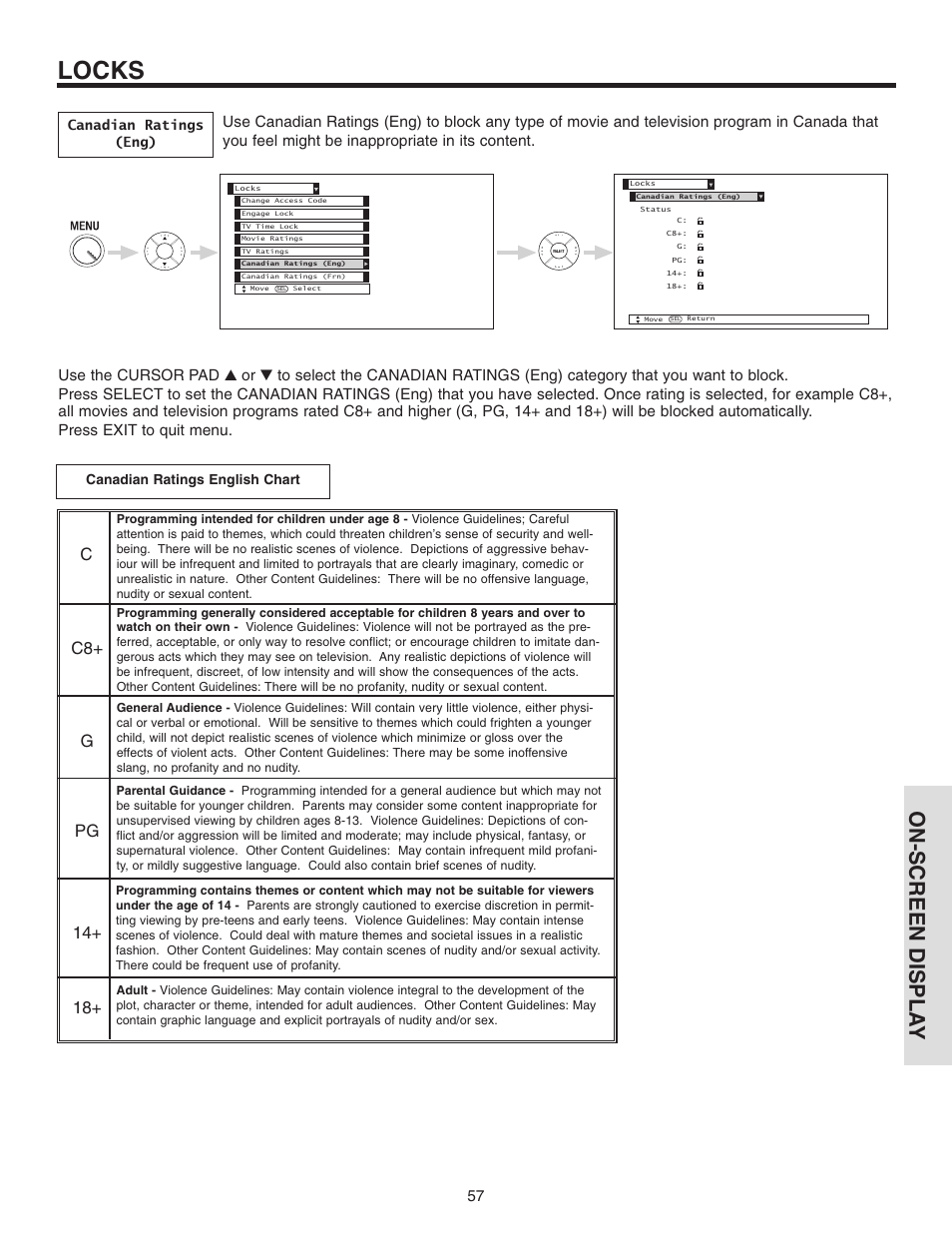 Locks, On-screen displa y | Hitachi 42V710 User Manual | Page 57 / 84