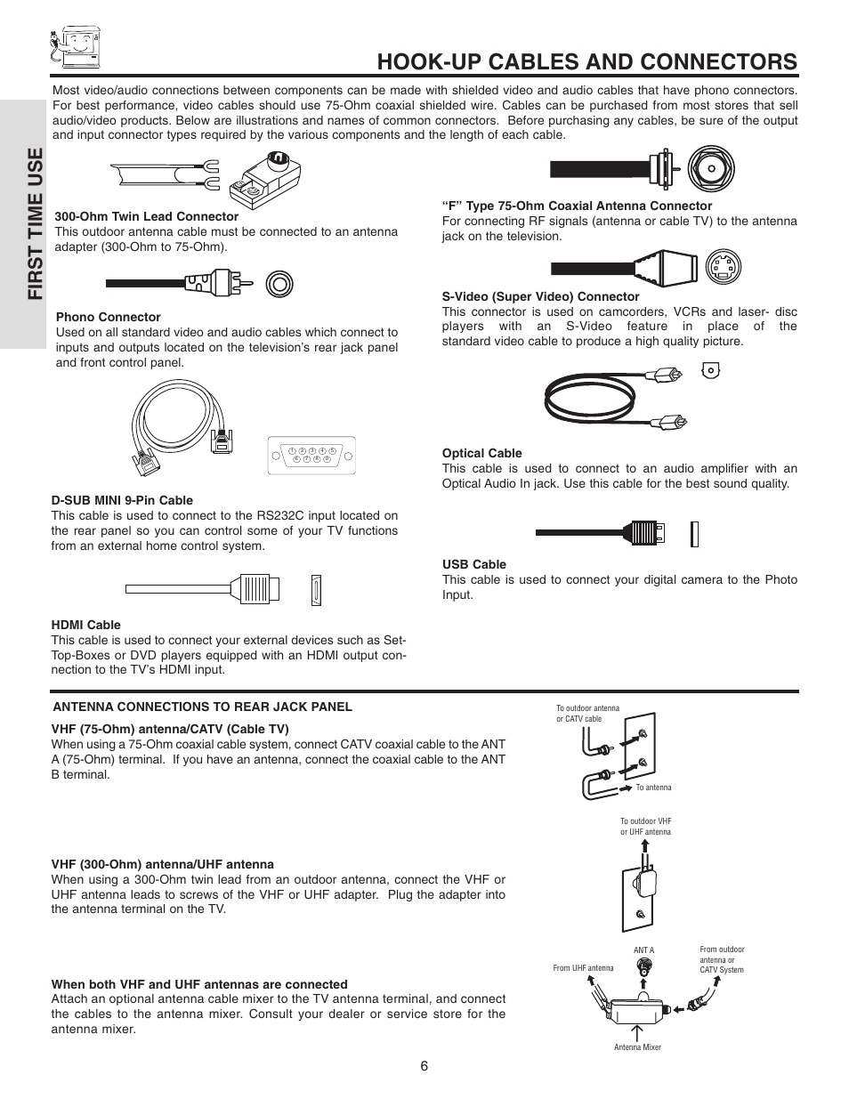 Hook-up cables and connectors, First time use | Hitachi 42V710 User Manual | Page 6 / 84