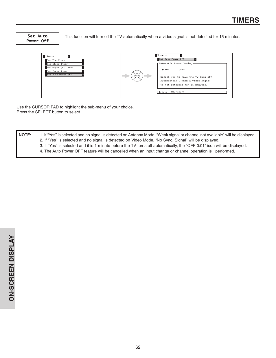 Timers, On-screen displa y | Hitachi 42V710 User Manual | Page 62 / 84