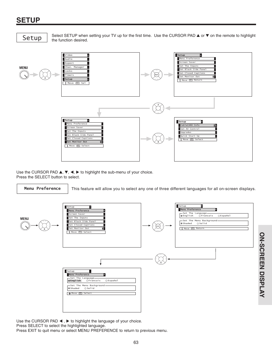 Setup, On-screen displa y | Hitachi 42V710 User Manual | Page 63 / 84