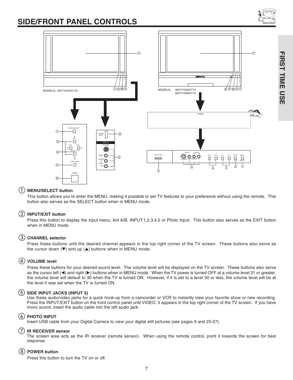 Side/front panel controls, First time use, Push | Hitachi 42V710 User Manual | Page 7 / 84