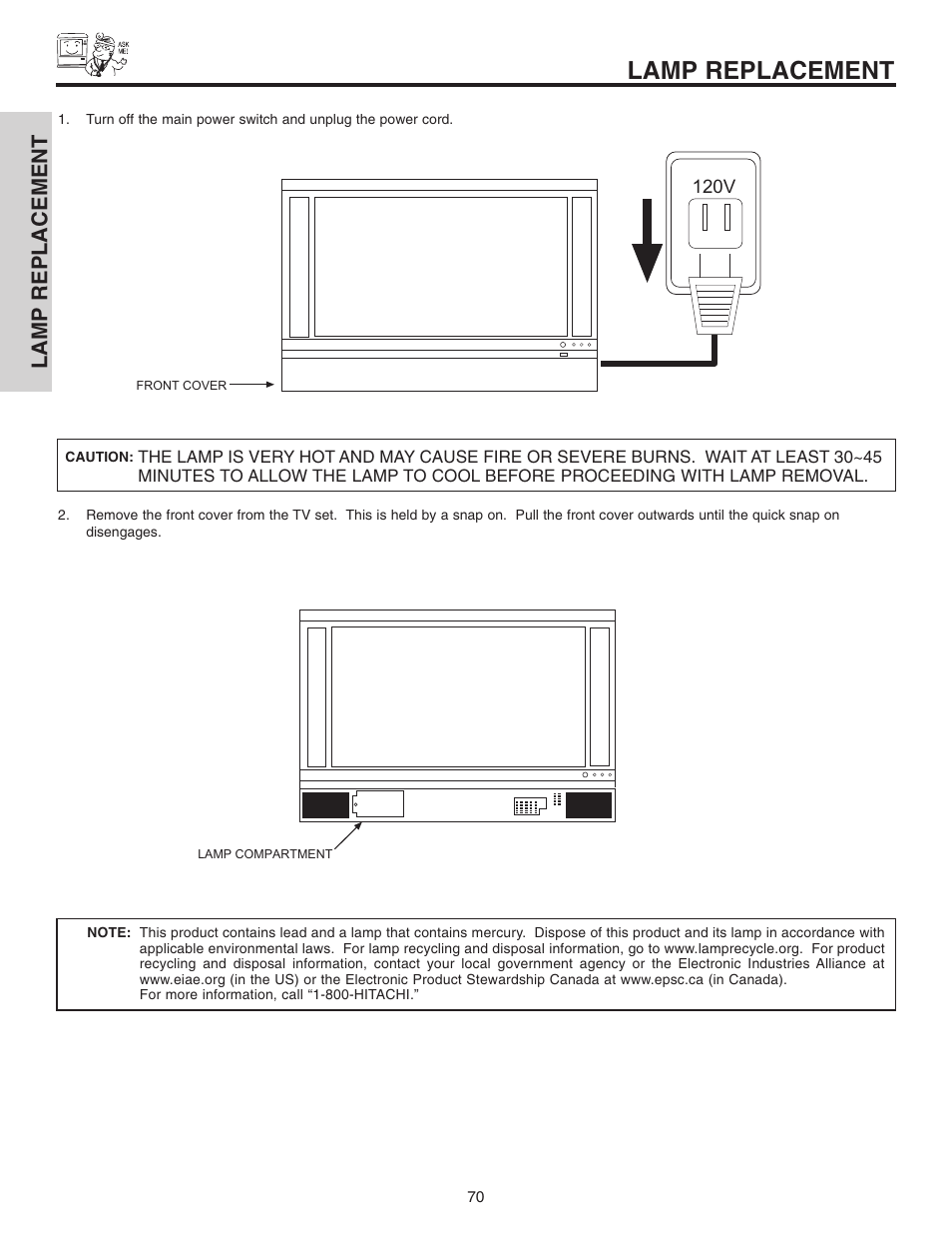 Lamp replacement | Hitachi 42V710 User Manual | Page 70 / 84