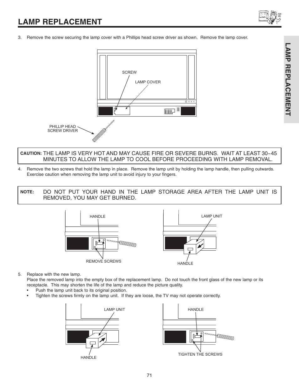 Lamp replacement | Hitachi 42V710 User Manual | Page 71 / 84