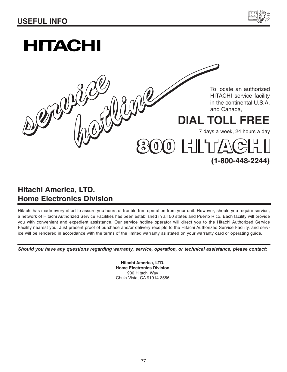 Dial toll free, Useful info, Hitachi america, ltd. home electronics division | Hitachi 42V710 User Manual | Page 77 / 84