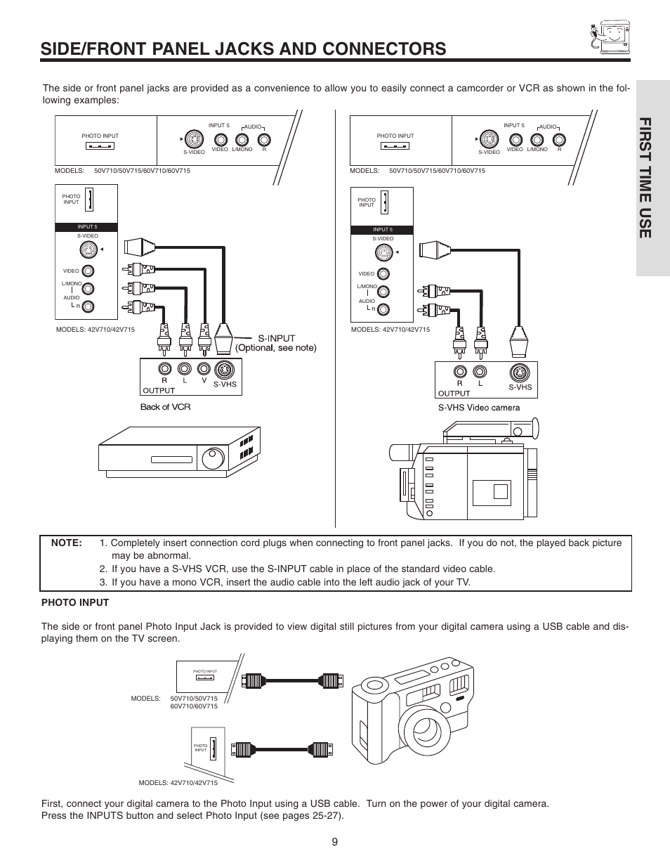 Side/front panel jacks and connectors, First time use | Hitachi 42V710 User Manual | Page 9 / 84
