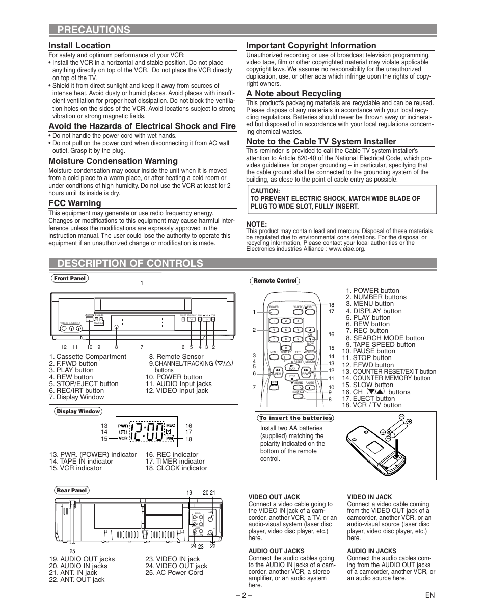 Precautions description of controls, Install location, Avoid the hazards of electrical shock and fire | Moisture condensation warning, Fcc warning, Important copyright information, 2 – en | Hitachi VT-FX795A User Manual | Page 2 / 12