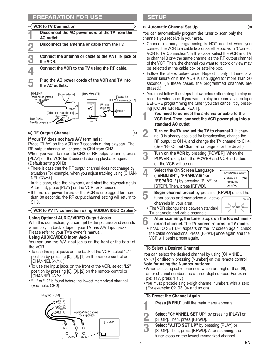 Setup, Preparation for use | Hitachi VT-FX795A User Manual | Page 3 / 12