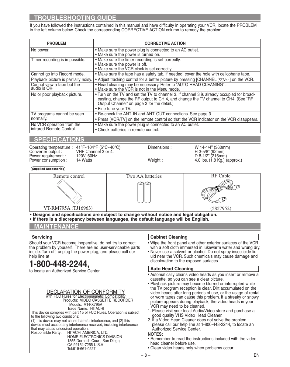 Maintenance, Specifications, Troubleshooting guide | Declaration of conformity | Hitachi VT-FX795A User Manual | Page 8 / 12
