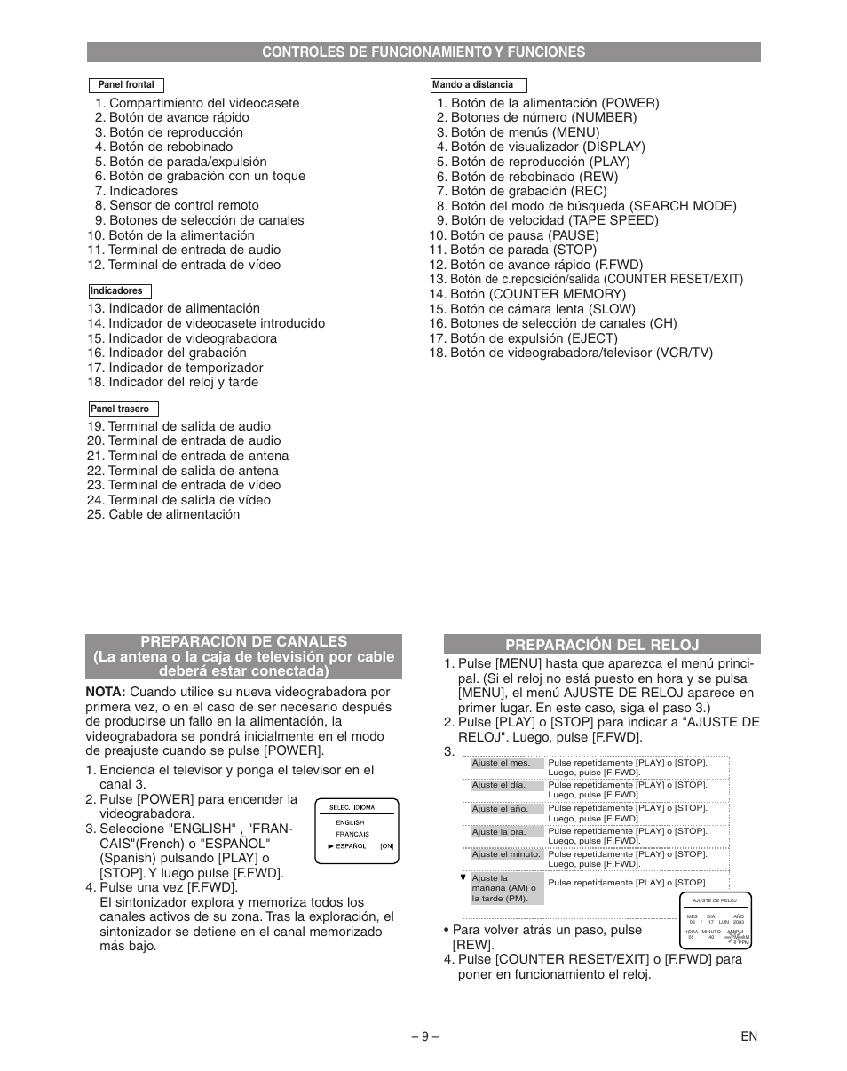 Controles de funcionamiento y funciones | Hitachi VT-FX795A User Manual | Page 9 / 12