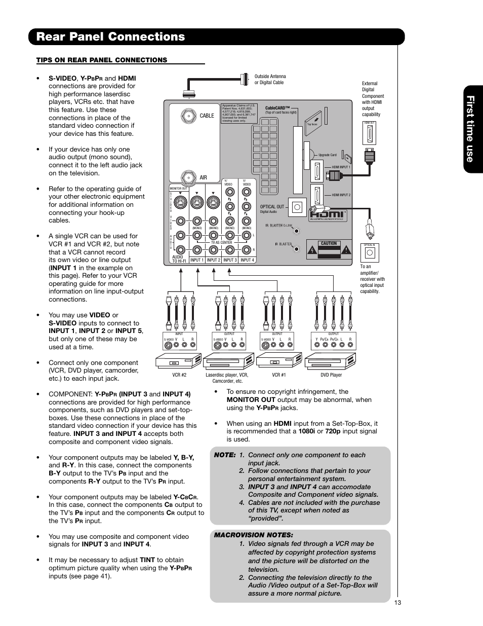 Rear panel connections, First time use, Tips on rear panel connections • s-video , y-p | Input and the components r-y output to the tv’s p, Input. • your component outputs may be labeled y-c, Output to the tv’s p, Input and the components c | Hitachi 55VG825 User Manual | Page 13 / 104