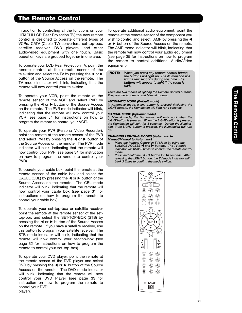 The remote control, The remote contr o l | Hitachi 55VG825 User Manual | Page 21 / 104