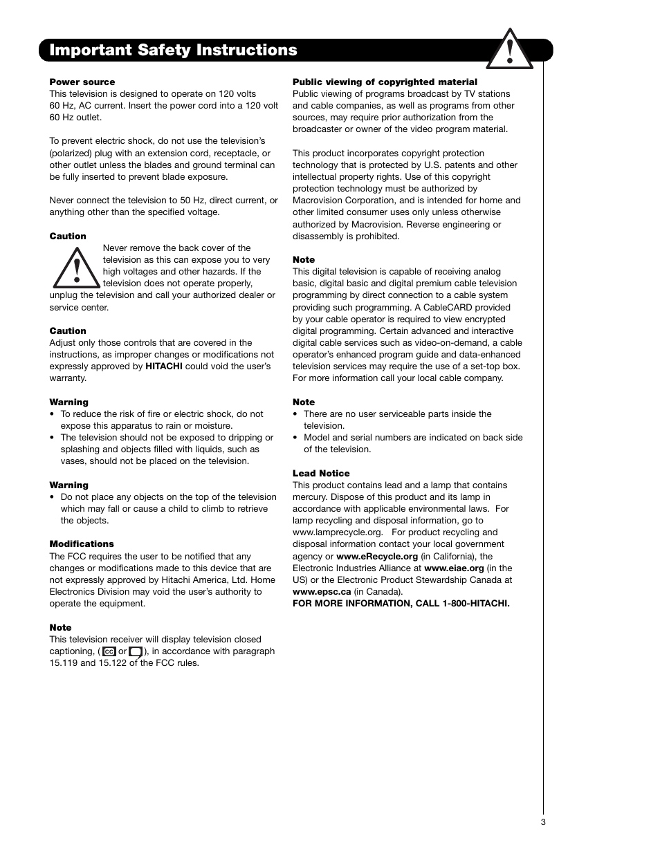 Important safety instructions | Hitachi 55VG825 User Manual | Page 3 / 104