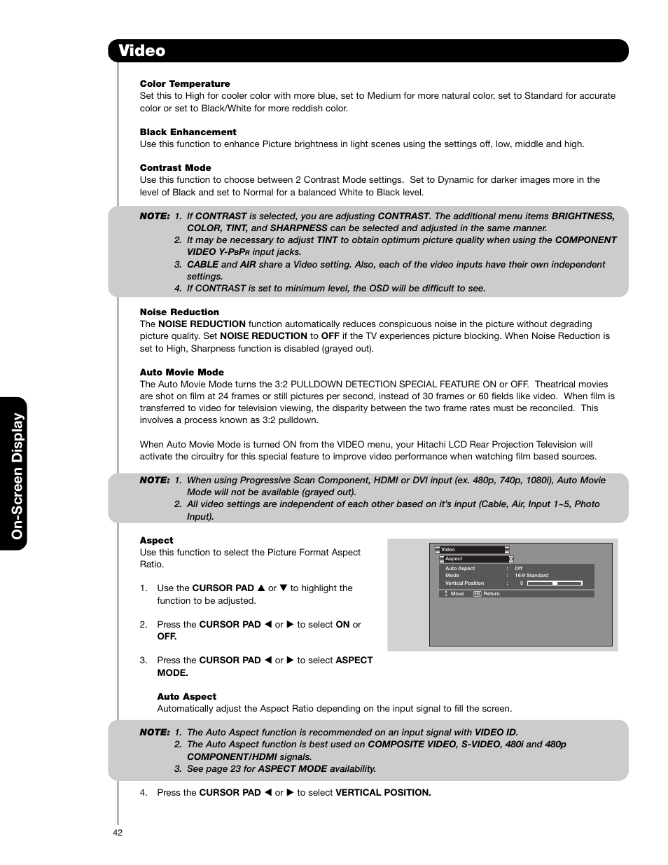 Video, On-scr een display | Hitachi 55VG825 User Manual | Page 42 / 104