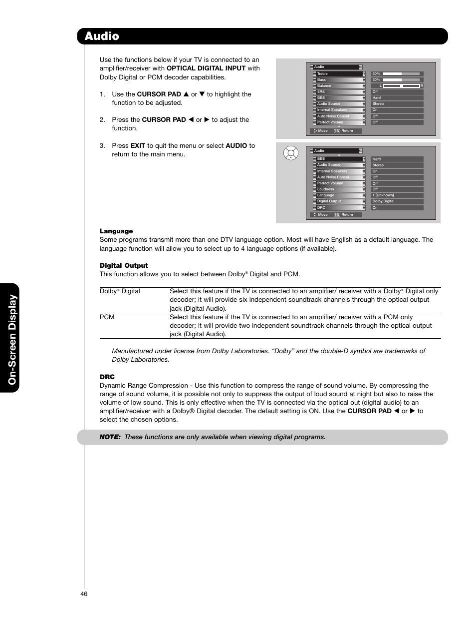 Audio, On-scr een display | Hitachi 55VG825 User Manual | Page 46 / 104