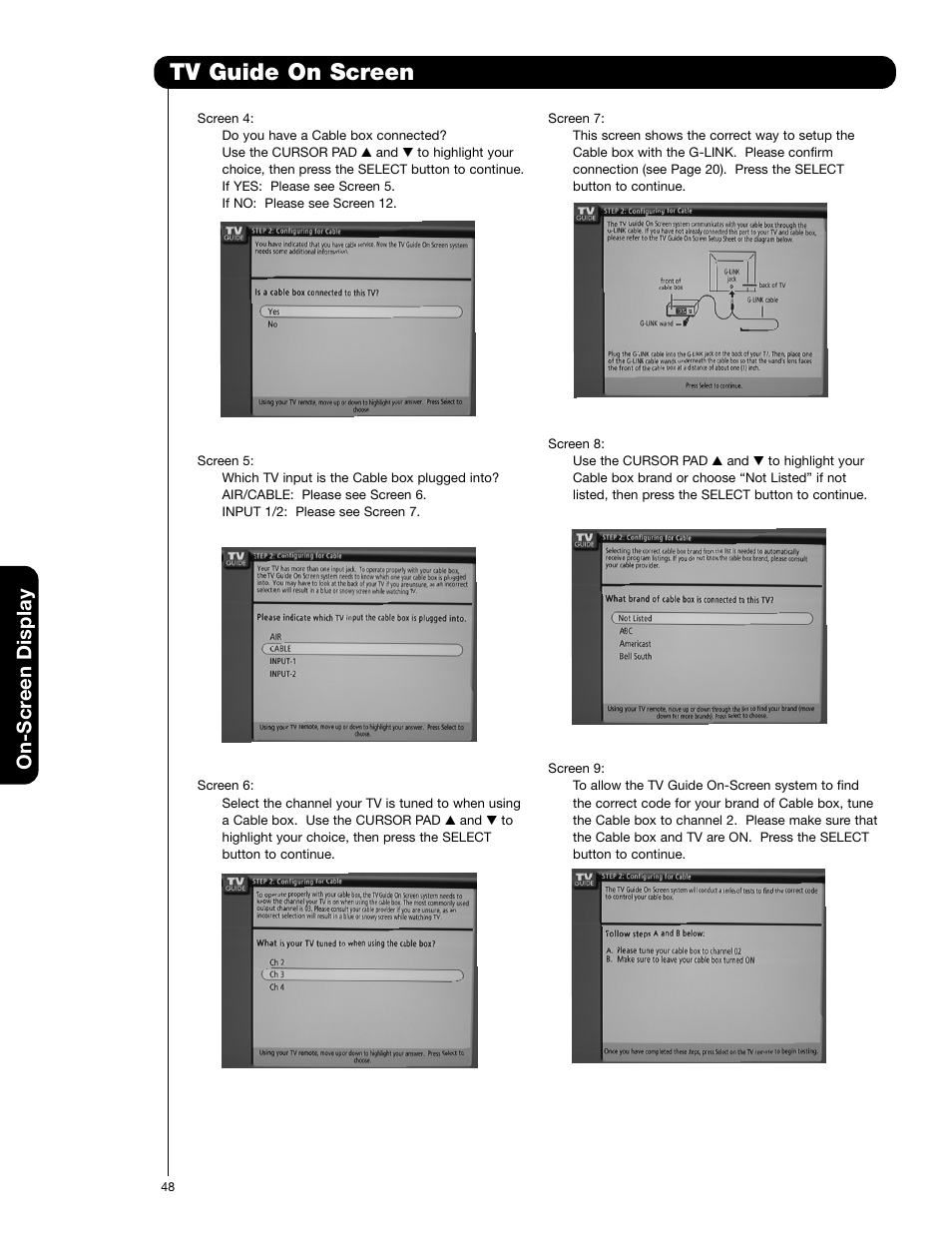 Tv guide on screen, On-scr een display | Hitachi 55VG825 User Manual | Page 48 / 104