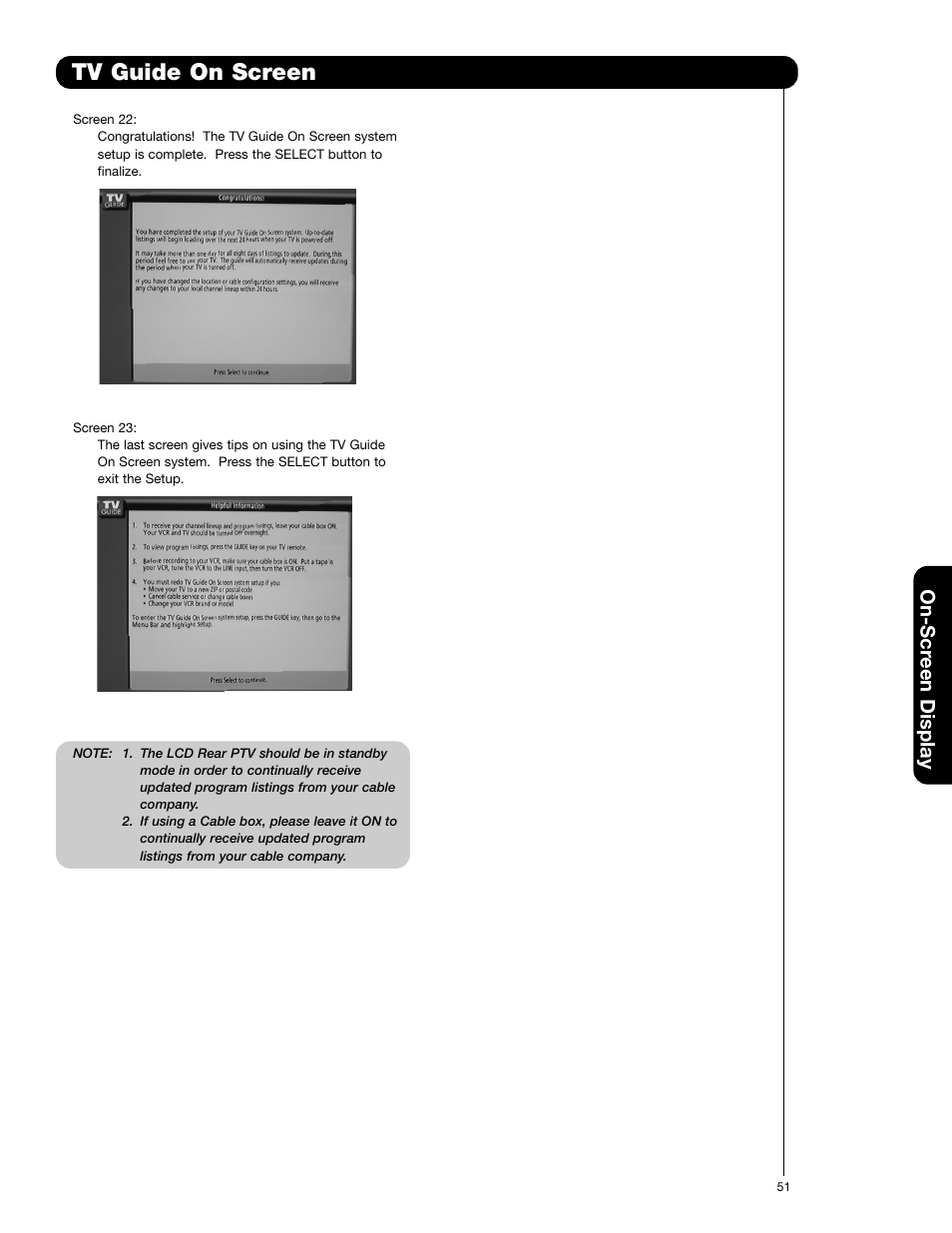 Tv guide on screen, On-scr een display | Hitachi 55VG825 User Manual | Page 51 / 104