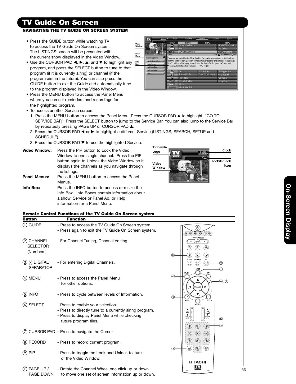 Tv guide on screen, On-scr een display | Hitachi 55VG825 User Manual | Page 53 / 104