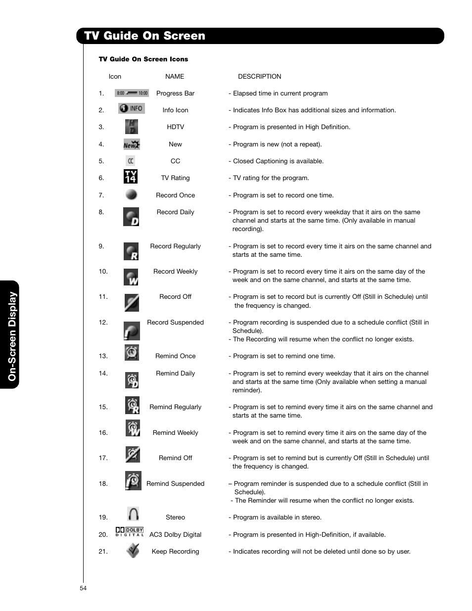 Tv guide on screen, On-scr een display | Hitachi 55VG825 User Manual | Page 54 / 104
