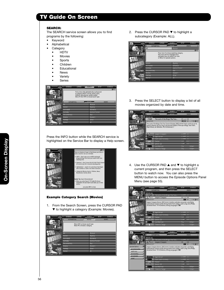 Tv guide on screen, On-scr een display | Hitachi 55VG825 User Manual | Page 56 / 104