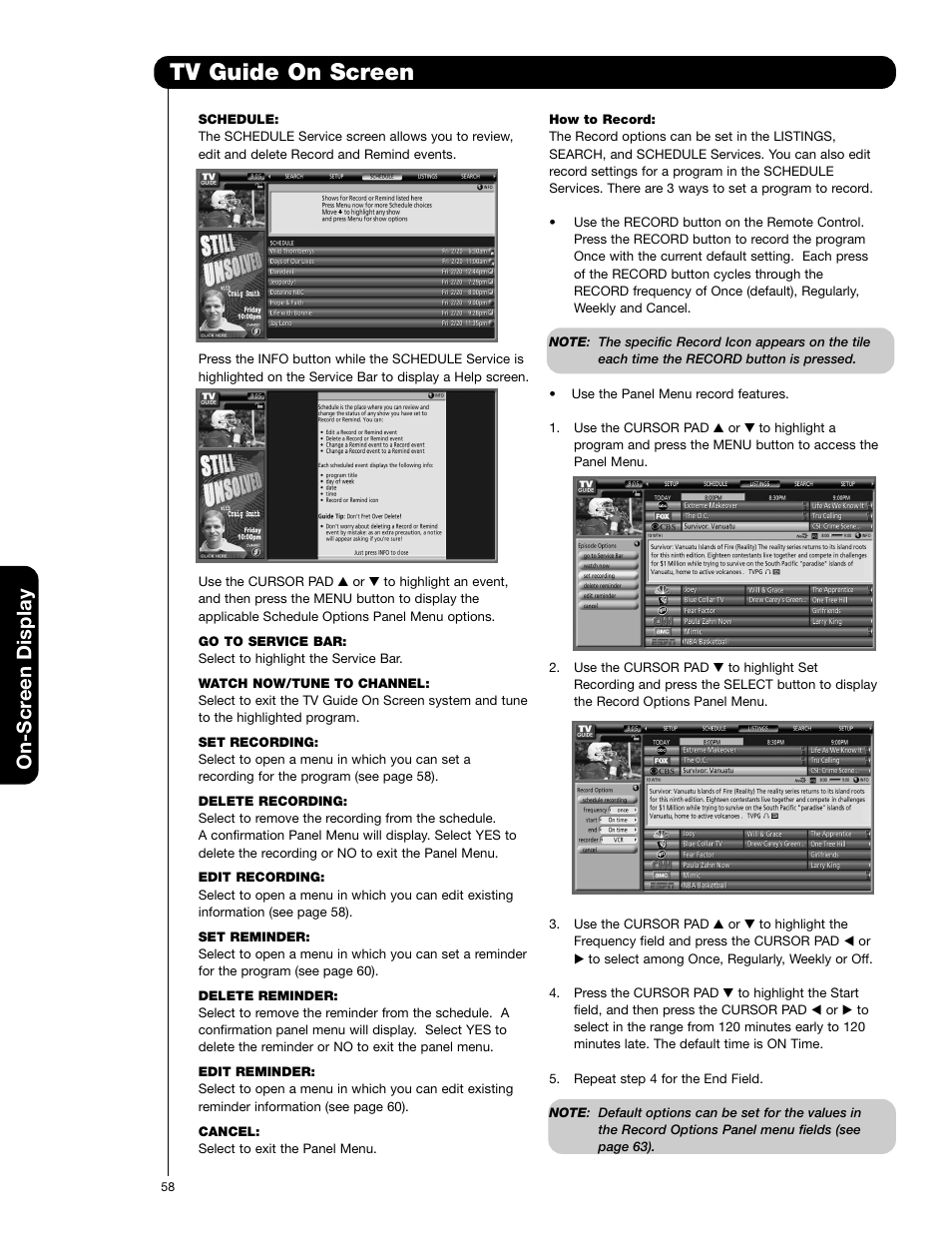 Tv guide on screen, On-scr een display | Hitachi 55VG825 User Manual | Page 58 / 104