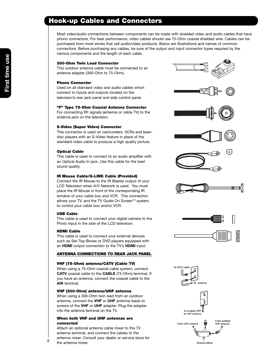 Hook-up cables and connectors, First time use | Hitachi 55VG825 User Manual | Page 6 / 104