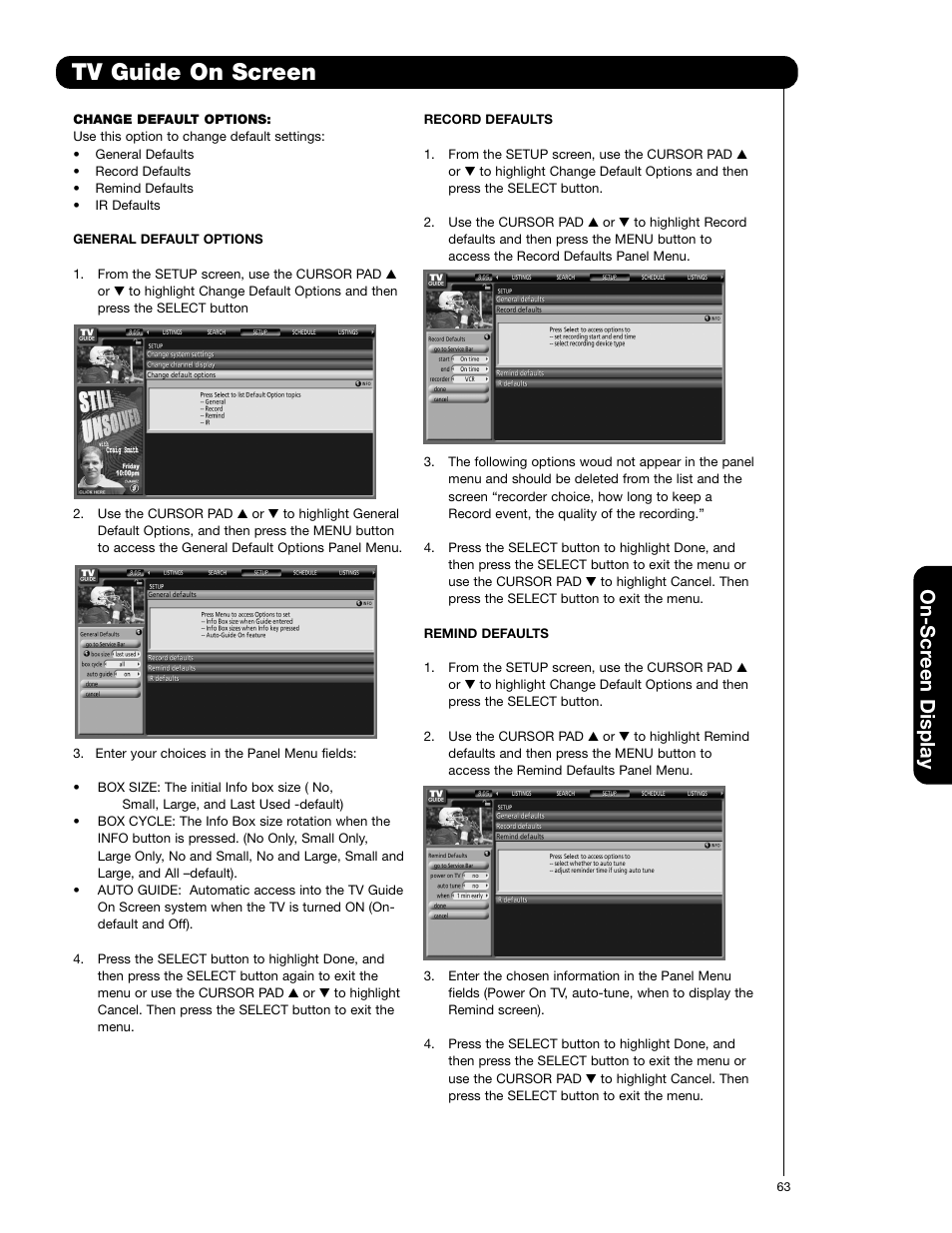 Tv guide on screen, On-scr een display | Hitachi 55VG825 User Manual | Page 63 / 104