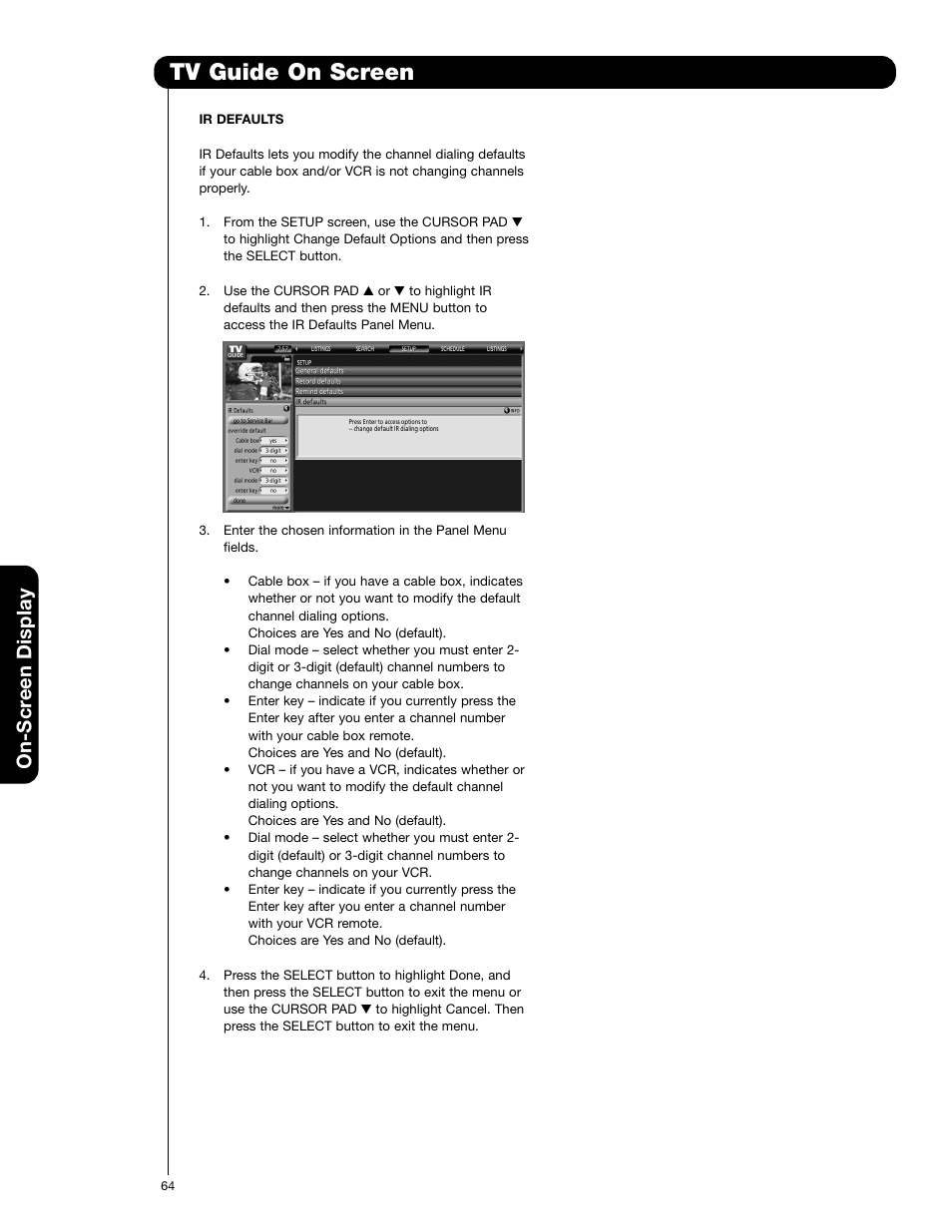 Tv guide on screen, On-scr een display | Hitachi 55VG825 User Manual | Page 64 / 104