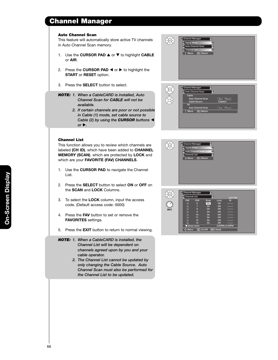 Channel manager, On-scr een display | Hitachi 55VG825 User Manual | Page 66 / 104