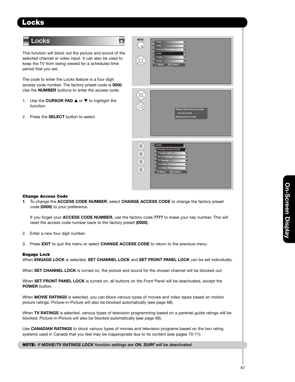 Locks, On-scr een display | Hitachi 55VG825 User Manual | Page 67 / 104