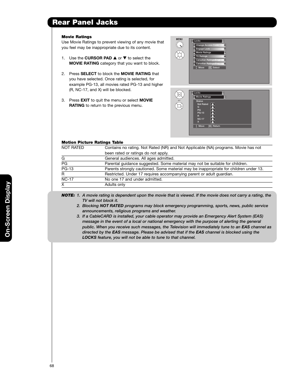 Rear panel jacks, Locks, On-scr een display | Hitachi 55VG825 User Manual | Page 68 / 104