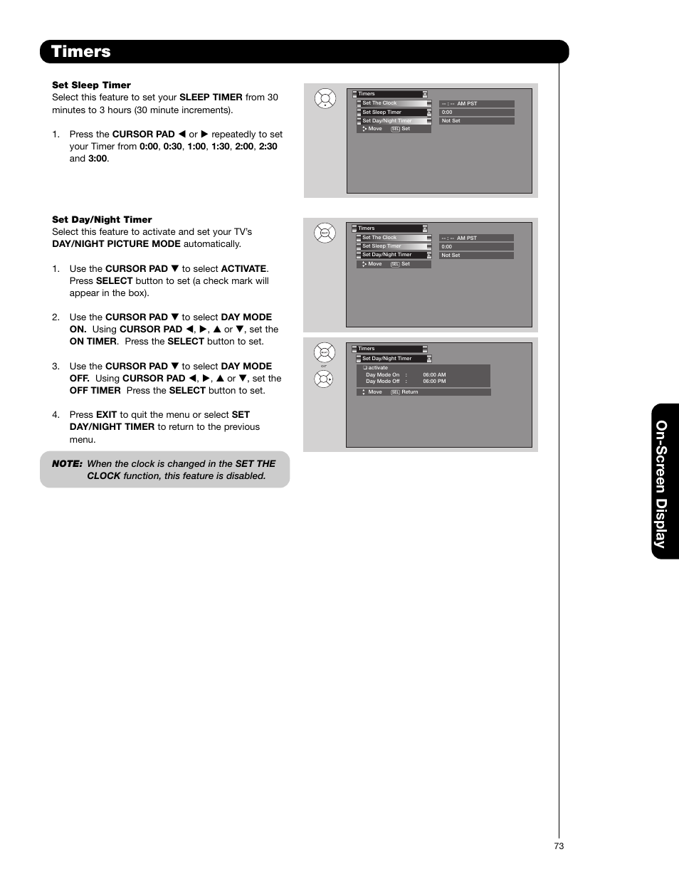 Timers, On-scr een display | Hitachi 55VG825 User Manual | Page 73 / 104