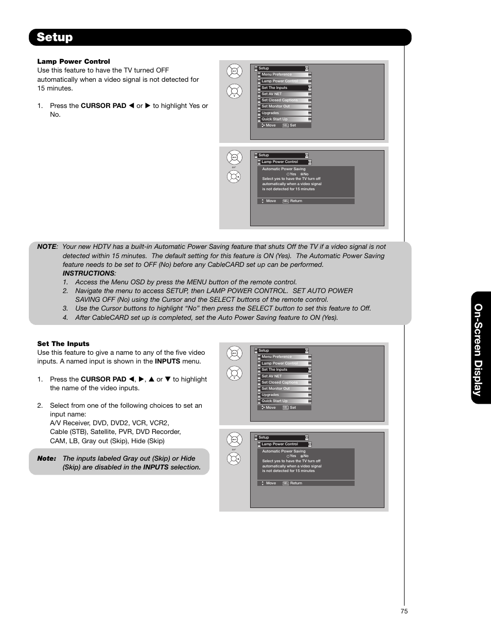Setup, On-scr een display | Hitachi 55VG825 User Manual | Page 75 / 104