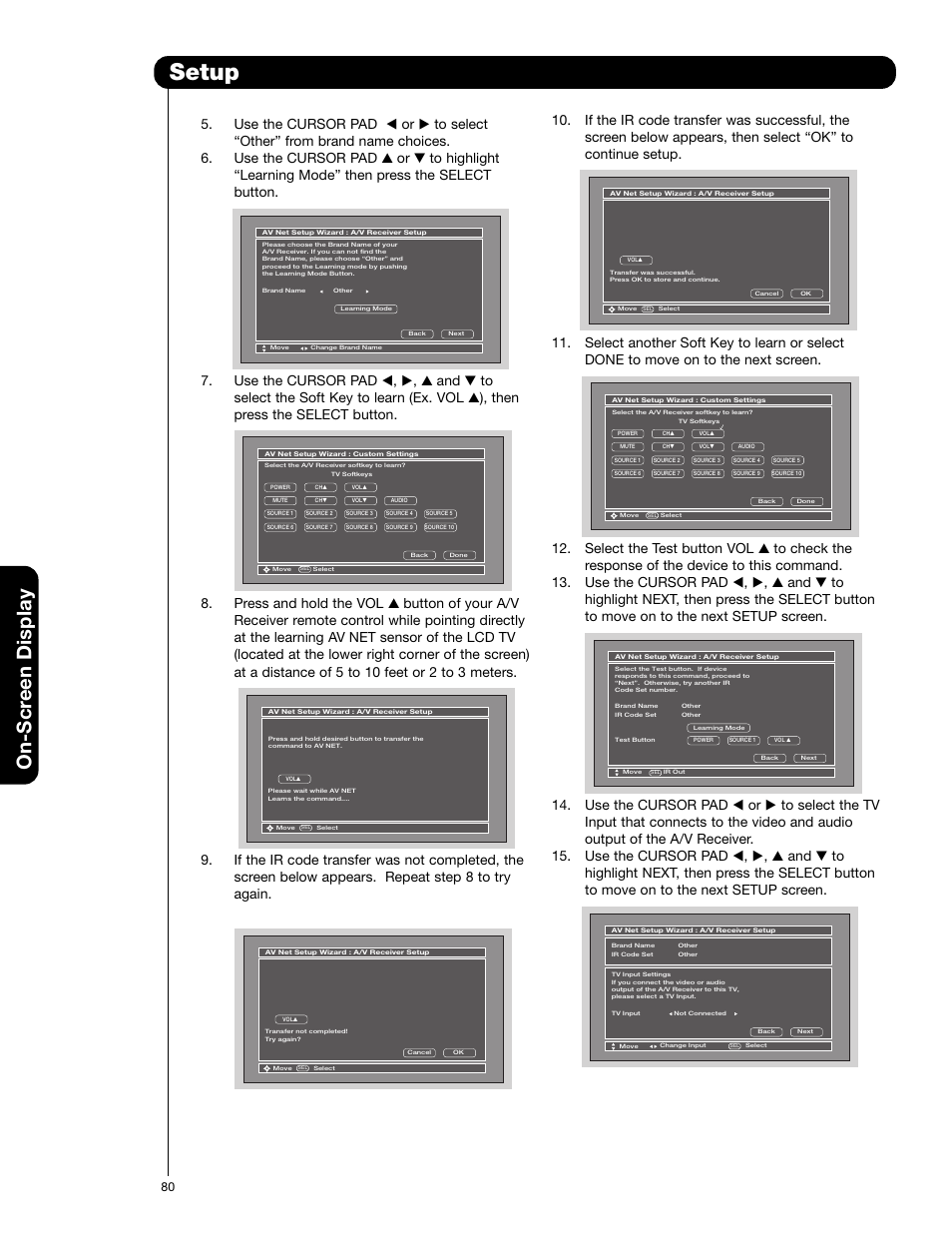 Setup, On-scr een display | Hitachi 55VG825 User Manual | Page 80 / 104