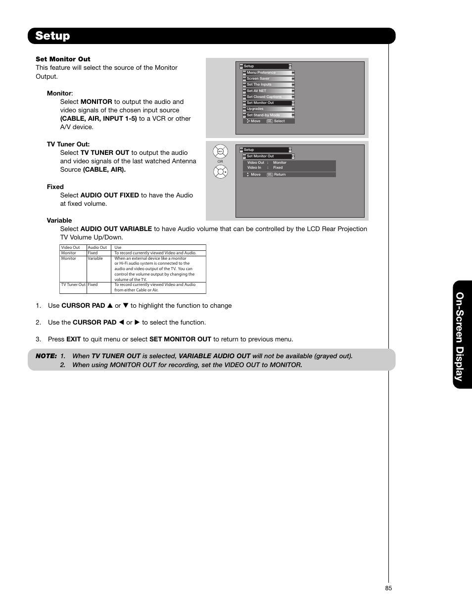 Setup, On-scr een display | Hitachi 55VG825 User Manual | Page 85 / 104