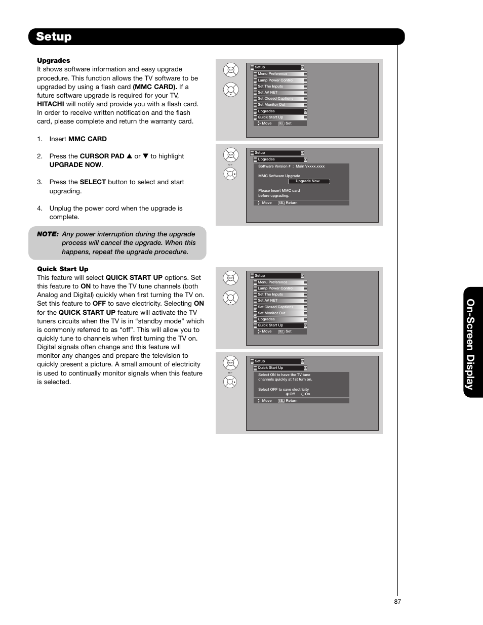 Setup, On-scr een display | Hitachi 55VG825 User Manual | Page 87 / 104