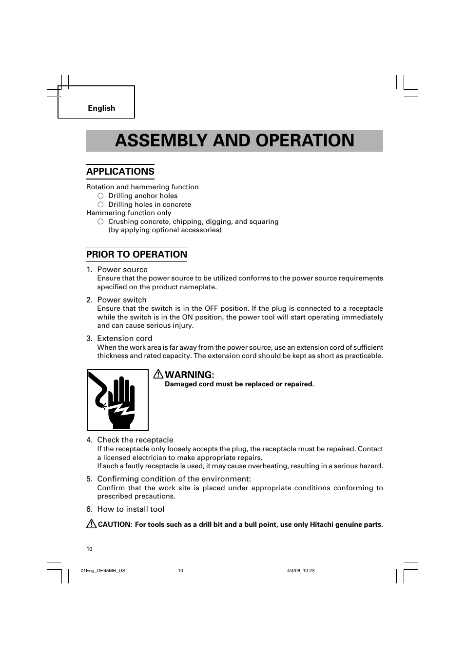 Assembly and operation, Applications, Prior to operation | Warning | Hitachi DH 45MR User Manual | Page 10 / 68