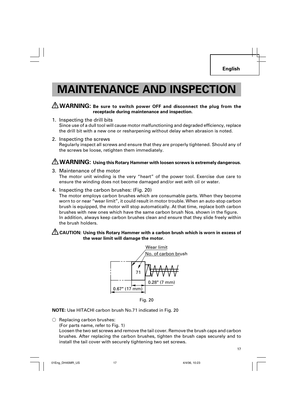 Maintenance and inspection, Warning | Hitachi DH 45MR User Manual | Page 17 / 68