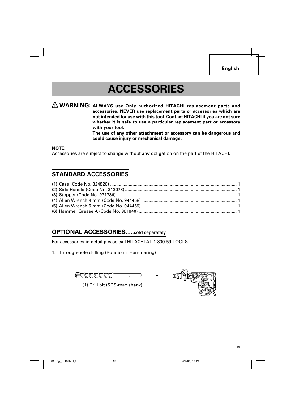 Accessories, Warning, Standard accessories | Optional accessories | Hitachi DH 45MR User Manual | Page 19 / 68