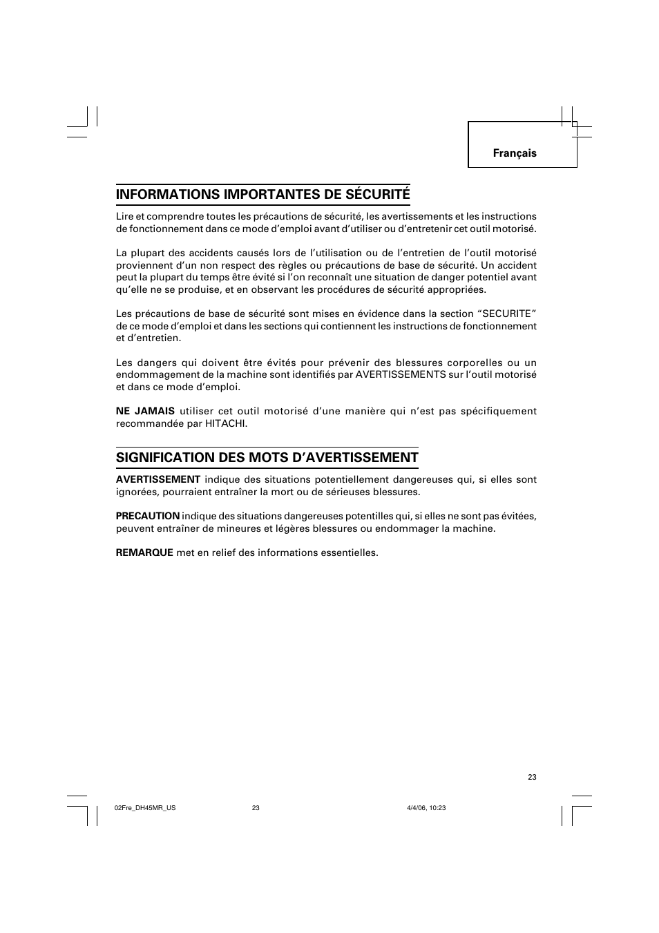 Informations importantes de sécurité, Signification des mots d’avertissement | Hitachi DH 45MR User Manual | Page 23 / 68