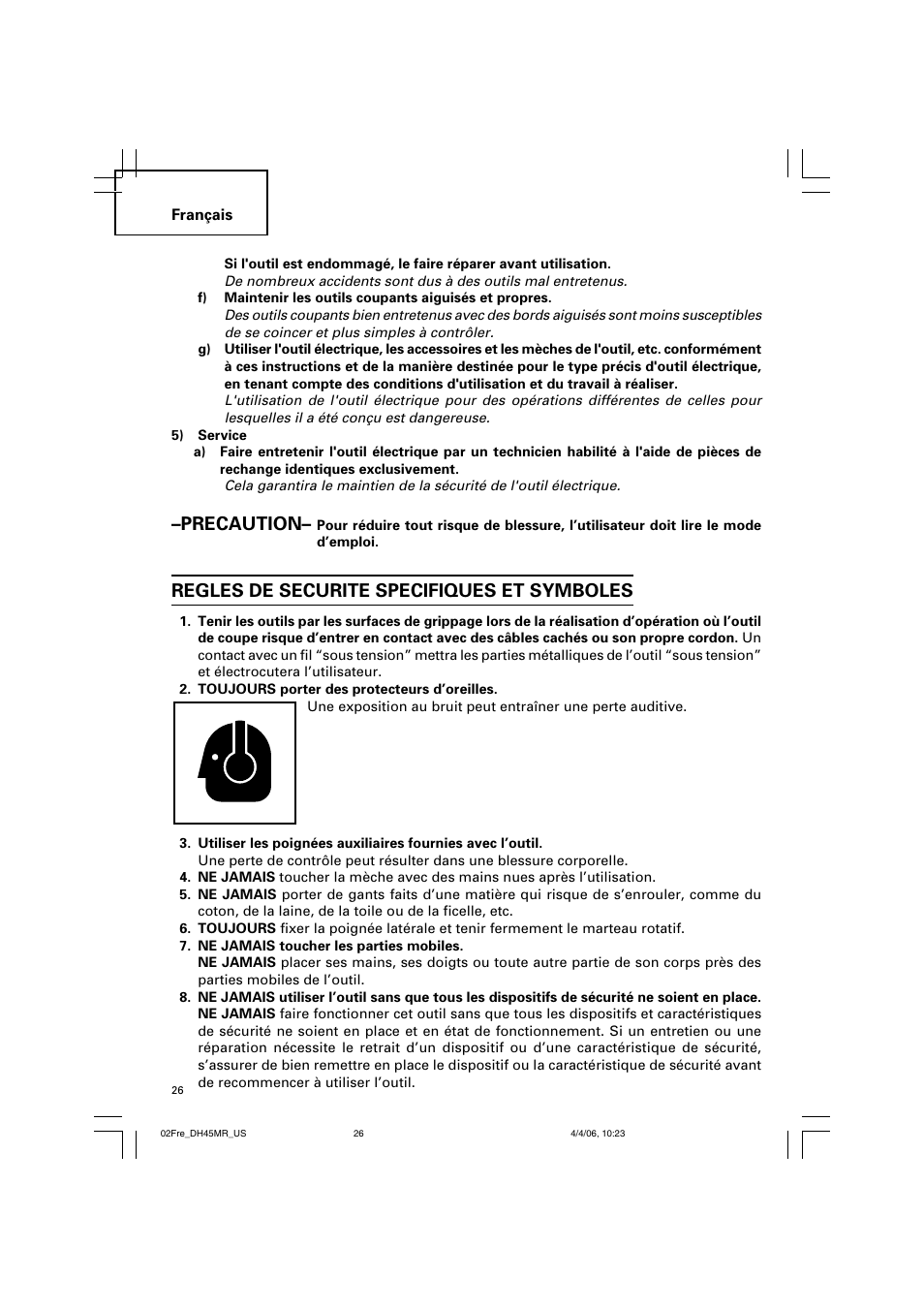 Precaution, Regles de securite specifiques et symboles | Hitachi DH 45MR User Manual | Page 26 / 68