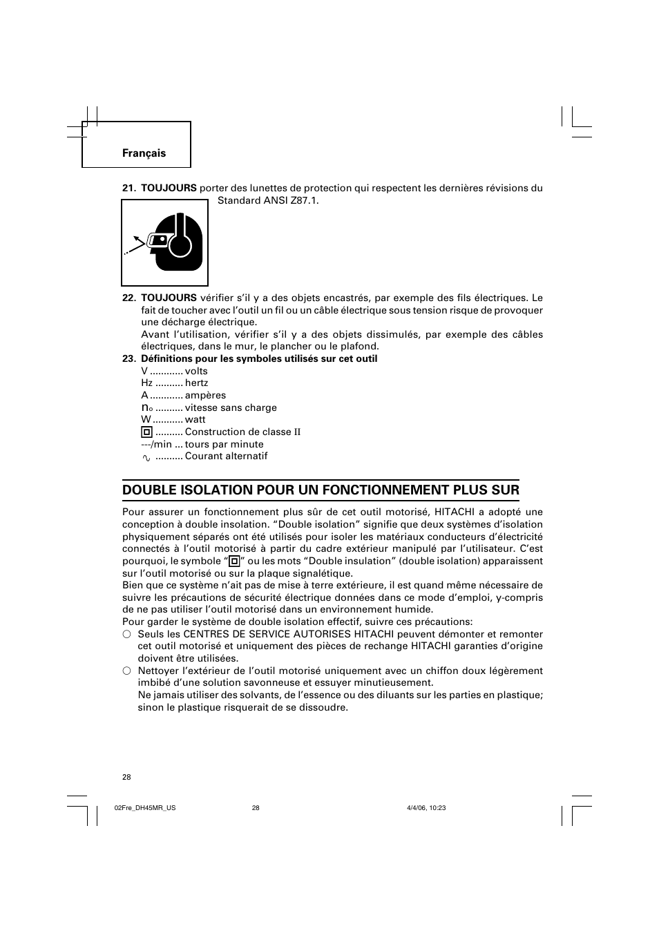 Double isolation pour un fonctionnement plus sur | Hitachi DH 45MR User Manual | Page 28 / 68