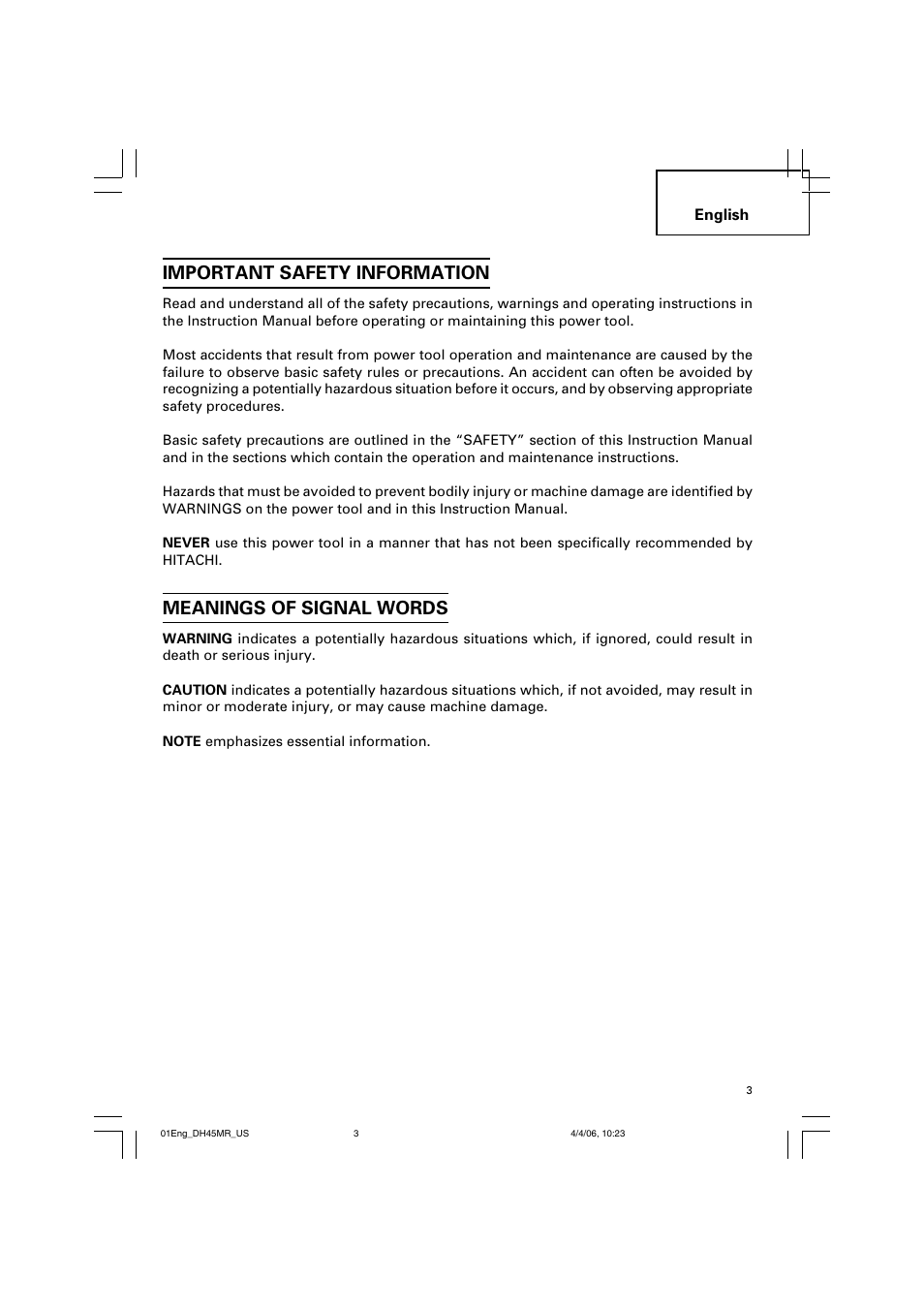 Important safety information, Meanings of signal words | Hitachi DH 45MR User Manual | Page 3 / 68