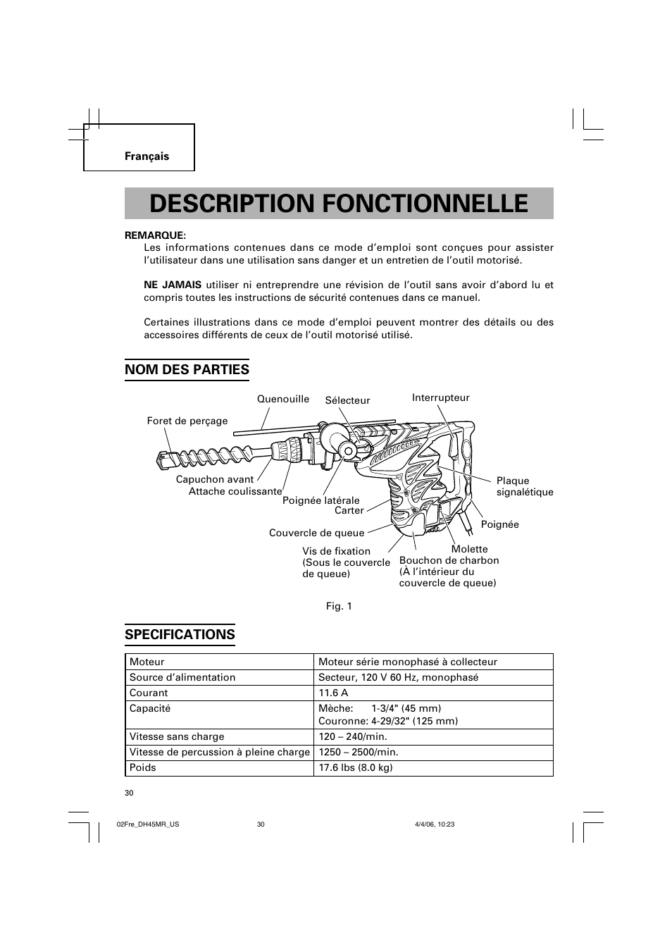 Description fonctionnelle, Specifications, Nom des parties | Hitachi DH 45MR User Manual | Page 30 / 68